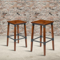 Flash Furniture 2-XU-DG-W0247B-GG 2 Pack Rustic Antique Walnut Industrial Wood Dining Backless Barstool